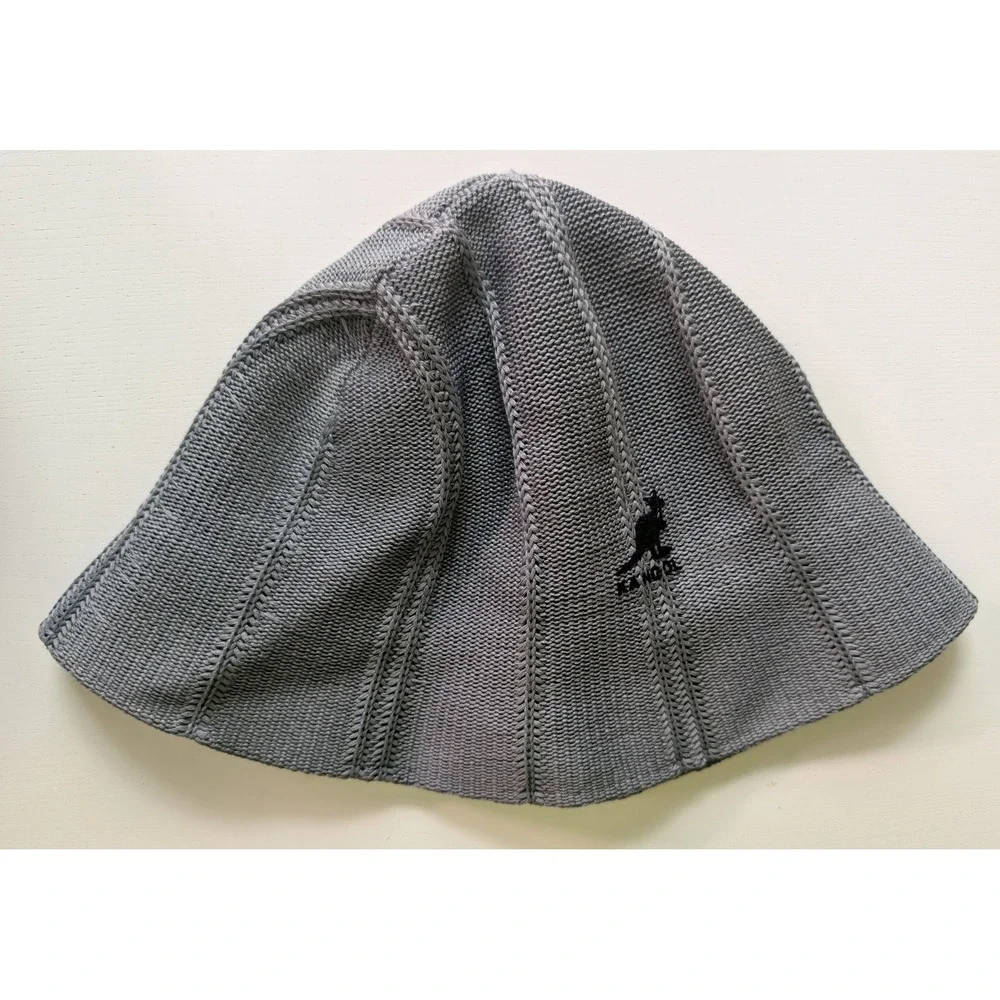 Hana Grey Knit Bucket Hat Paneled Cable Textured Bell Hat Kangaroo Logo Korea